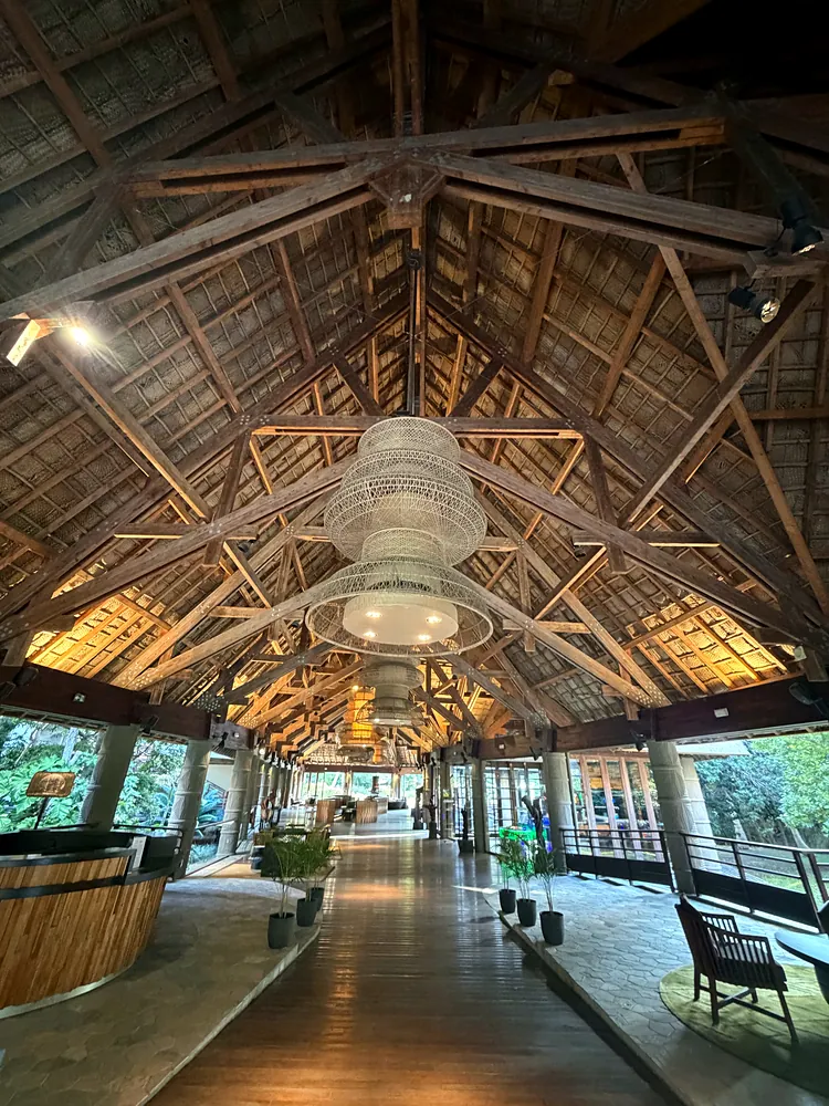 A tall lobby with wooden beams, a thatched roof and rattan lamps