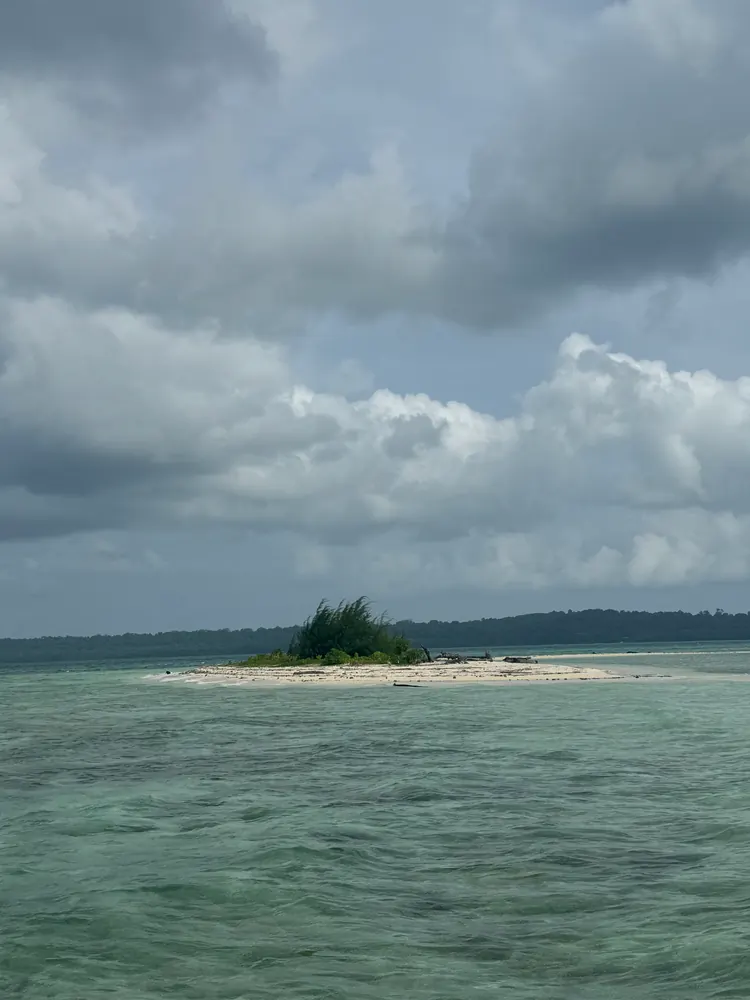 A small sandy islet with bushes in a lagoon under a cloudy sky