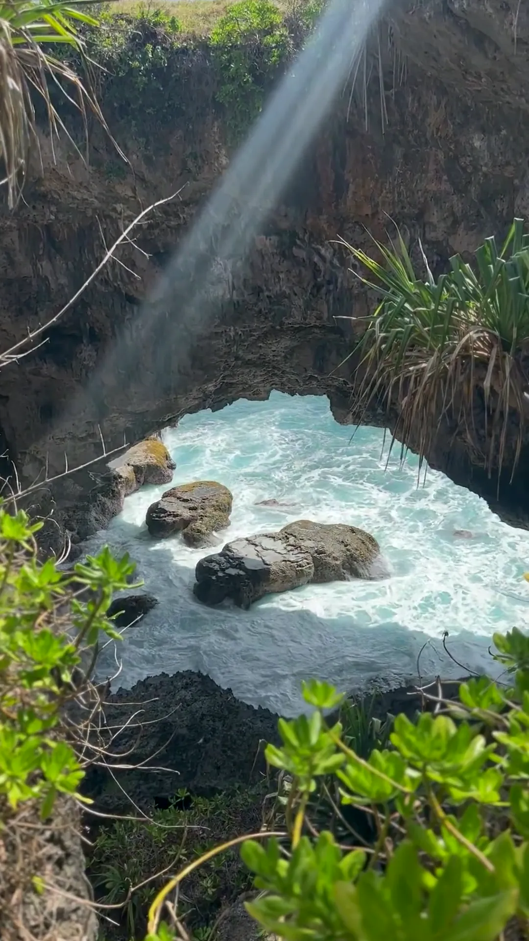 A narrow rocky cove among tropical greenery and volcanic rock, white foam around dark boulders and slanting sunbeams; a person in a blue patterned shirt climbing down the slope on a rope, Tonga