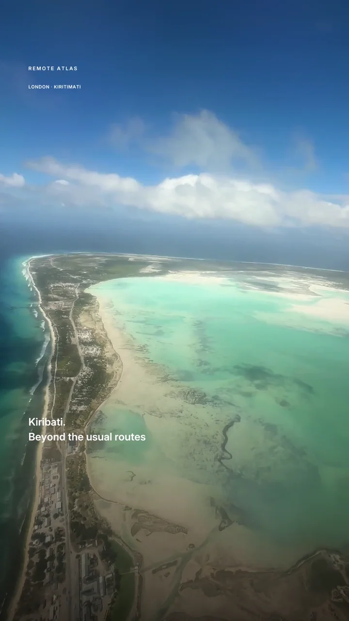 An aerial view of the turquoise lagoon near London on Kiritimati, Kiribati.