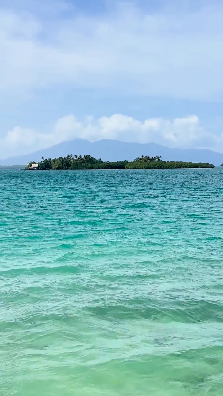 Turquoise lagoons with forested islets, and a hut with a thatched roof